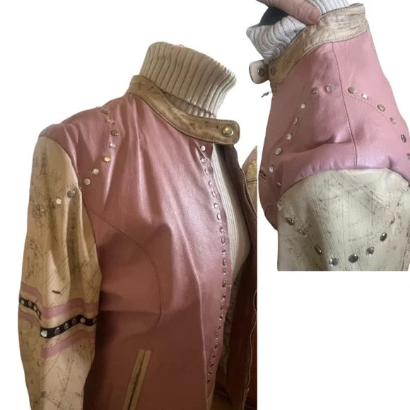 Wilsons Leather Moto Jacket Vintage Rare Biker Woman Distressed XL Pink Tattoo